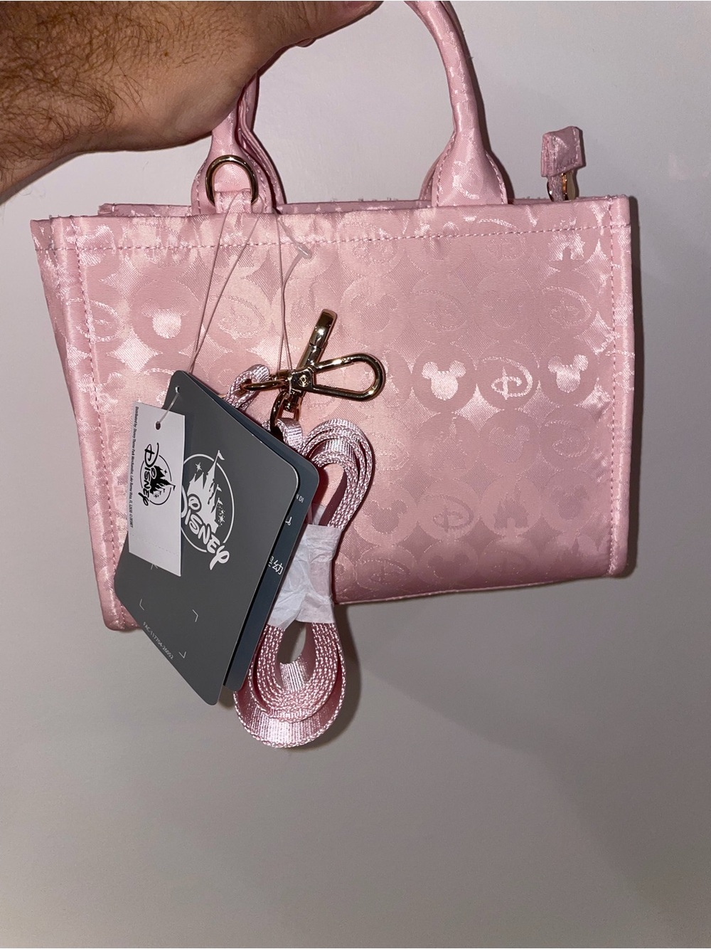Disney parks Pink Satin Mini Tote with Mickey castle print and Detachable Strap